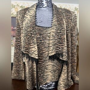 Joseph Ribkoff Zebra Print Blouse and jacket with black fringe in Black and Tan